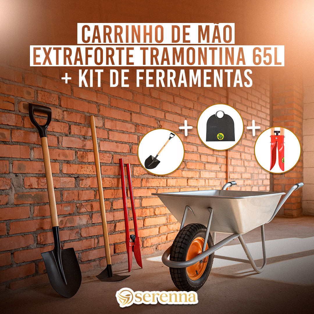 Kit Carrinho De Mão Extra Forte 65L Carriola + Pa de bico + Enxada + Cavadeira