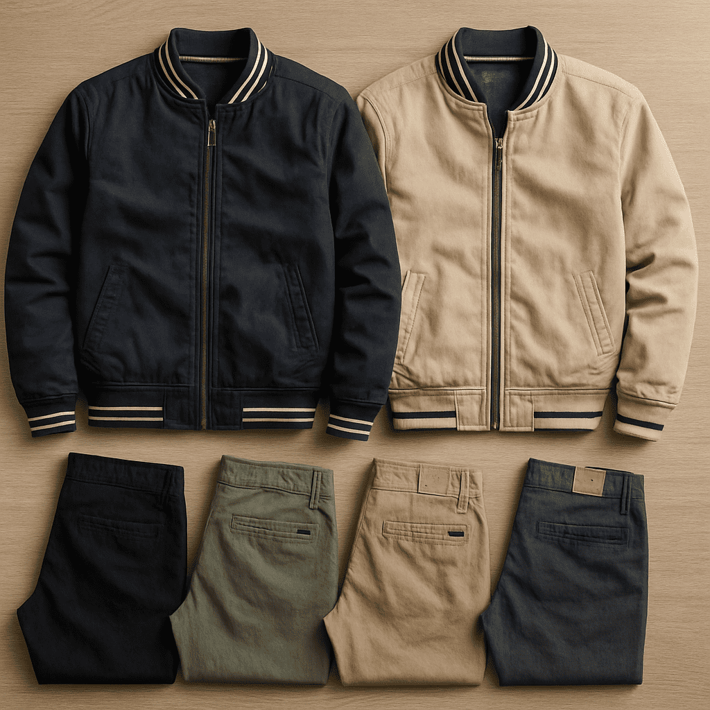 Kit 4 Calças Masculina em Sarja + 2 Jaquetas Premium Reversível Bege/Preta. Brinde Carteira + Relógio Exclusivo até Dia dos Pais