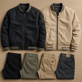 Kit 4 Calças Masculina em Sarja + 2 Jaquetas Premium Reversível Bege/Preta. Brinde Carteira + Relógio Exclusivo até Dia dos Pais