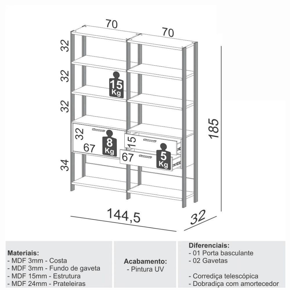 Kit 02 Estantes Com Prateleiras Freijó com Preto