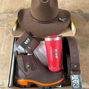 Kit Bota Masculina Adventure em Couro Legítimo e Palmilha Ortopédica +BRINDES: Chapéu, Cinto, Carteira e Copo