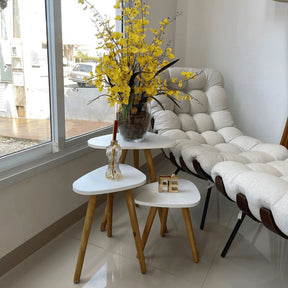 Kit Trio Jogo de Mesinhas Lateral Sala Pé Palito Retro Tampo Orgânico